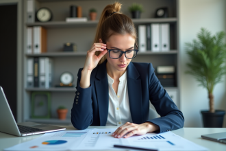 Femme d'affaires en réunion analysant des graphiques financiers