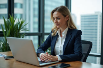 Femme d'affaires en costume analysant des graphiques financiers