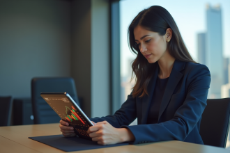 Femme d affaires en costume bleu examinant des graphiques crypto