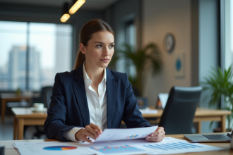 Femme d'affaires analysant des graphiques de profits dans un bureau