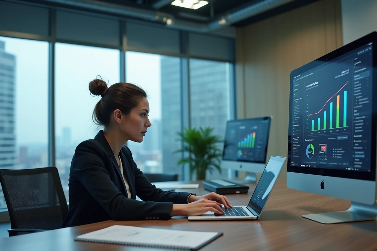 Femme d'affaires analysant des graphiques sur son ordinateur