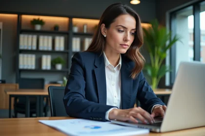 Femme d'affaires en revue financière dans un bureau moderne