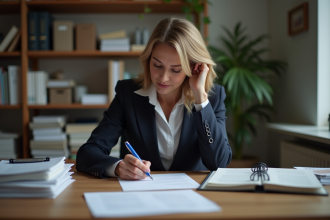 Femme d affaires signant une lettre dans un bureau calme