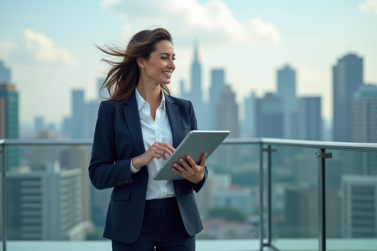 Femme d affaires sur un toit avec vue sur la ville et graphique Solana