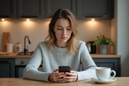 Femme consultant l'application bancaire Ma Banque sur son smartphone dans une cuisine moderne
