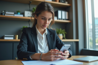 Jeune femme en bureau utilisant son smartphone pour banque