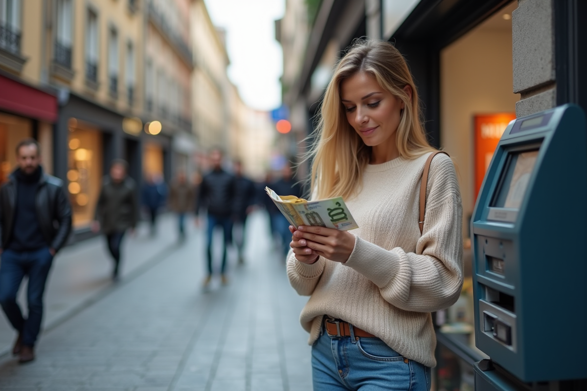 Femme comptant des billets dans une rue urbaine