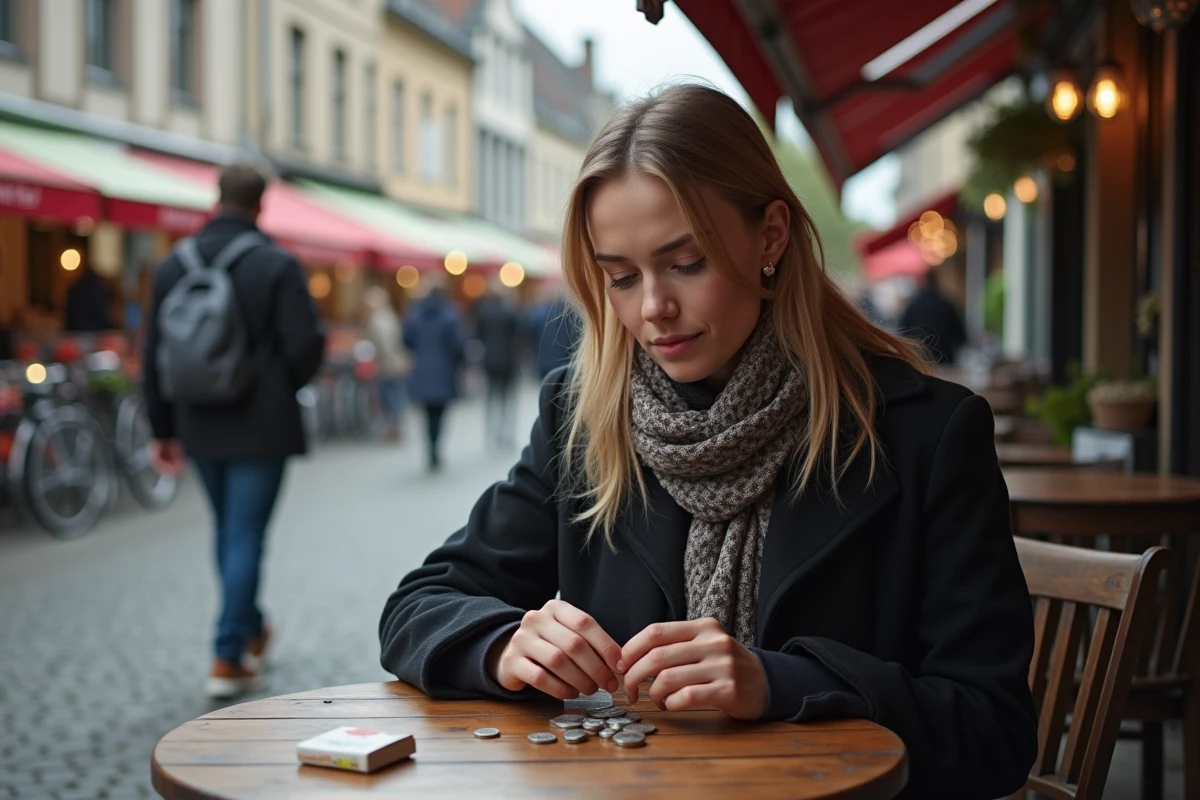 Femme belge assise au café comptant des pièces de monnaie