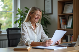 Femme d'âge moyen souriante dans un bureau à domicile