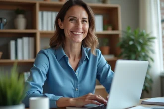 Femme souriante en bureau moderne avec ordinateur