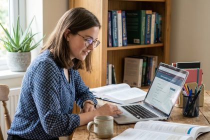 Jeune femme concentrée sur son ordinateur en télétravail