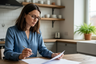 Femme en blouse bleue et lunettes lisant des papiers