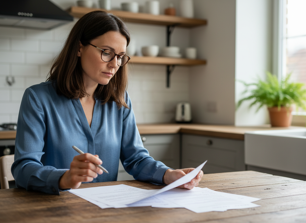 Femme en blouse bleue et lunettes lisant des papiers