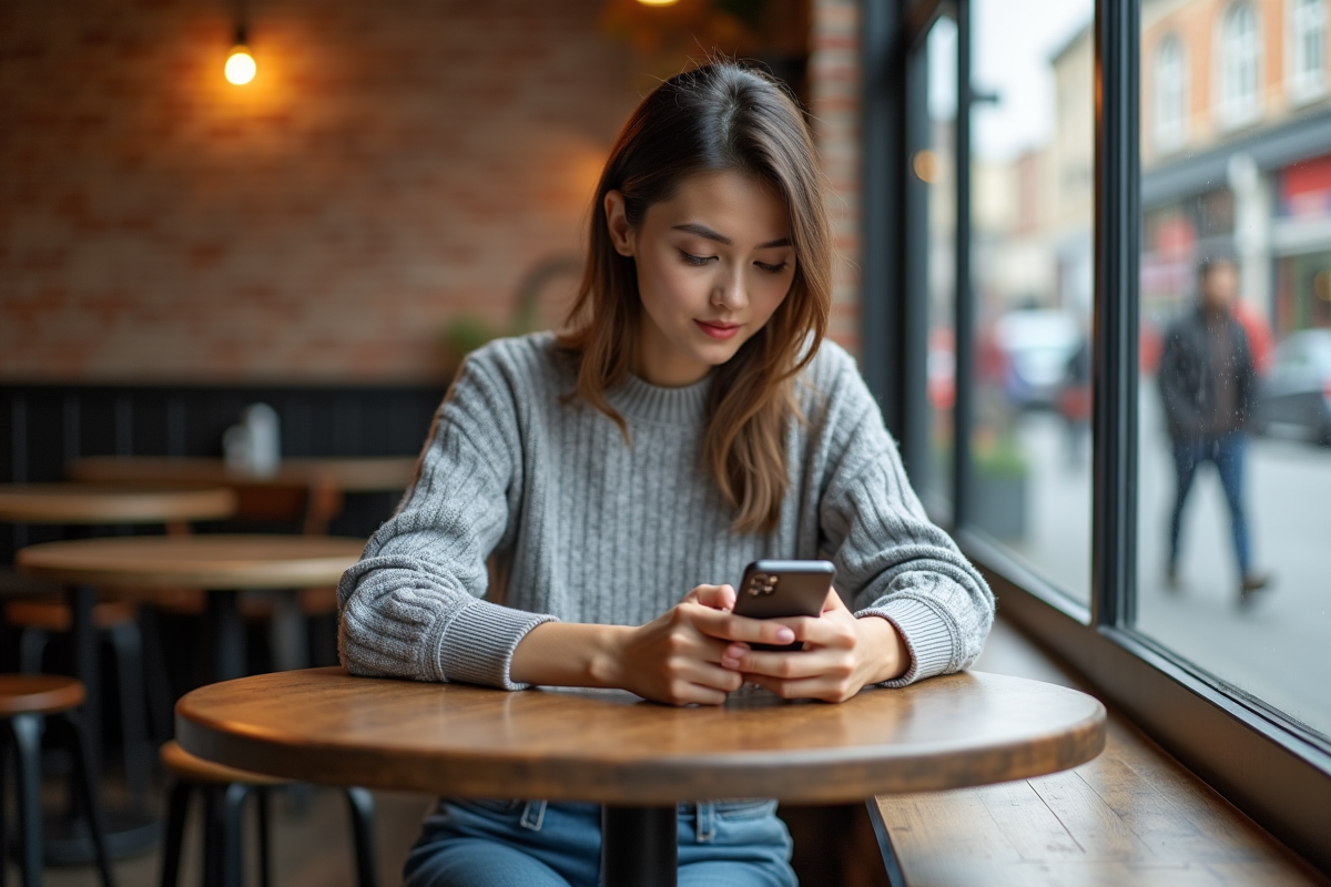 Femme faisant un paiement crypto sur son smartphone au café