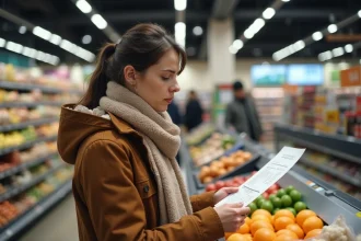 Femme vérifiant un reçu au supermarche en automne