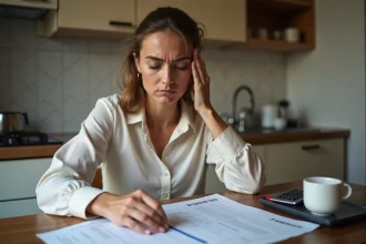 Femme consultant des documents CAF et calculatrice à une table de cuisine pour évaluer l'impact du SMIC 25h sur ses aides sociales