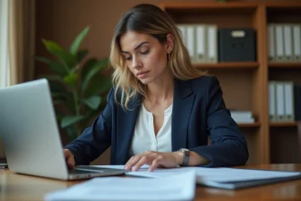 Femme calculant ses droits chômage et l'ARE sur un ordinateur portable avec des documents administratifs