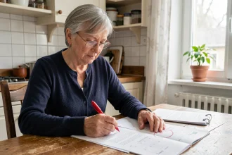Femme âgée consultant un calendrier papier pour planifier les dates de paiement de sa pension d'invalidité
