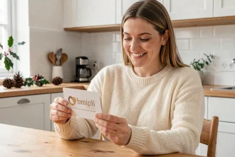 Femme tenant une carte cadeau Bimpli CADO dans une cuisine chaleureuse décorée pour Noël