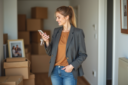 Femme souriante tenant clés et smartphone dans un couloir