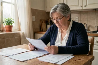 Femme âgée étudiant des documents de complémentaire santé solidaire à sa table de cuisine