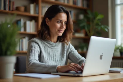 Femme accédant à son compte en ligne Brie Picardie sur un ordinateur portable depuis son bureau à domicile
