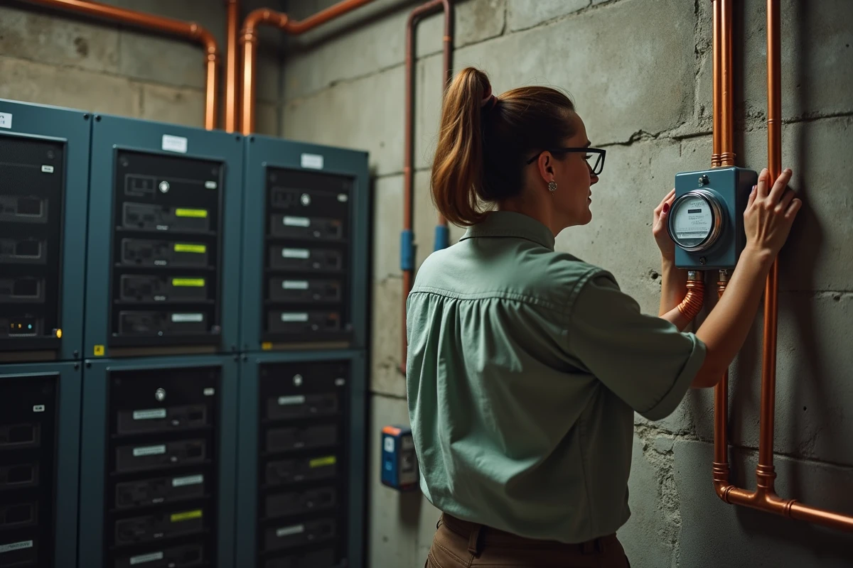 Femme vérifiant un compteur électrique dans un local technique