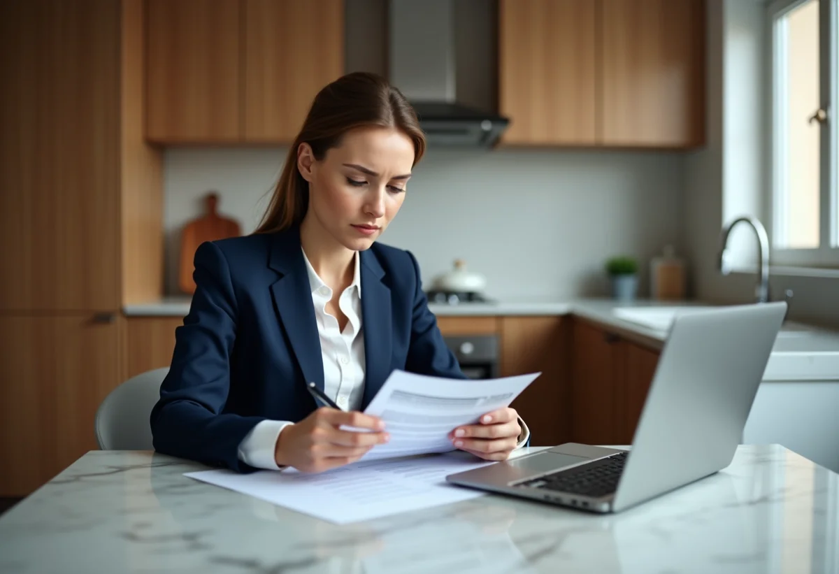 Femme d'affaires regardant son relevé bancaire à la maison