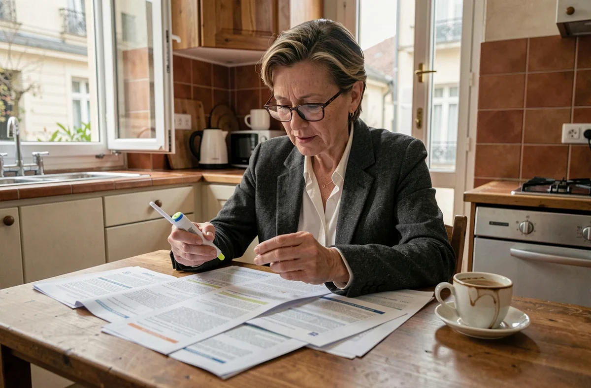 Une femme étudie attentivement son contrat d'assurance emprunteur à son domicile pour bénéficier du droit à l'oubli