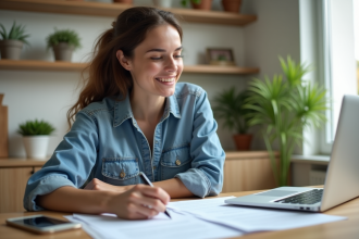 Femme regardant des documents de sante dans son appartement