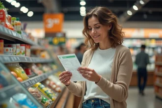 Femme vérifiant son reçu de courses au supermarché