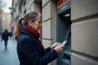 Femme devant un distributeur automatique de billets La Banque Postale semblant refuser une opération de retrait