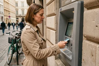 Femme utilisant un distributeur de billets encastré dans une façade de banque en pierre dans une rue pavée de ville européenne