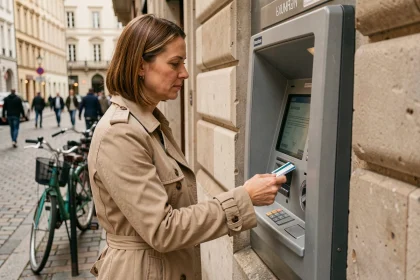 Femme utilisant un distributeur de billets encastré dans une façade de banque en pierre dans une rue pavée de ville européenne