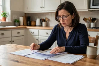 Femme consultant des documents administratifs pour une demande de RSA à domicile en 2026