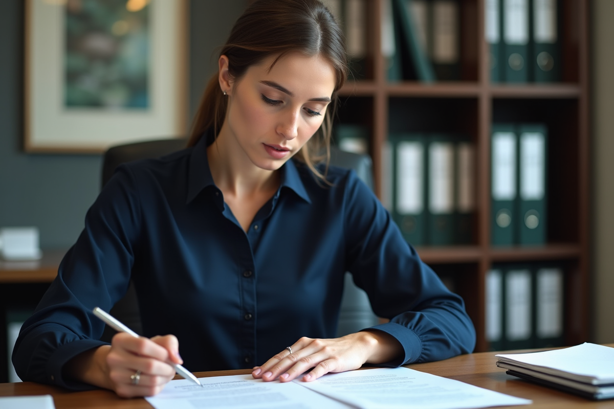 Femme en droit d'une trentaine d'années examine un document juridique
