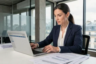 Femme chef d'entreprise étudiant des dossiers de financement FRCI Île-de-France et Bpifrance dans un bureau moderne parisien