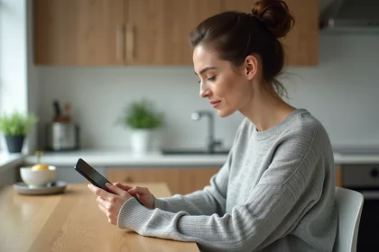 Femme consultant son espace client Domiwebcmb sur smartphone depuis sa cuisine