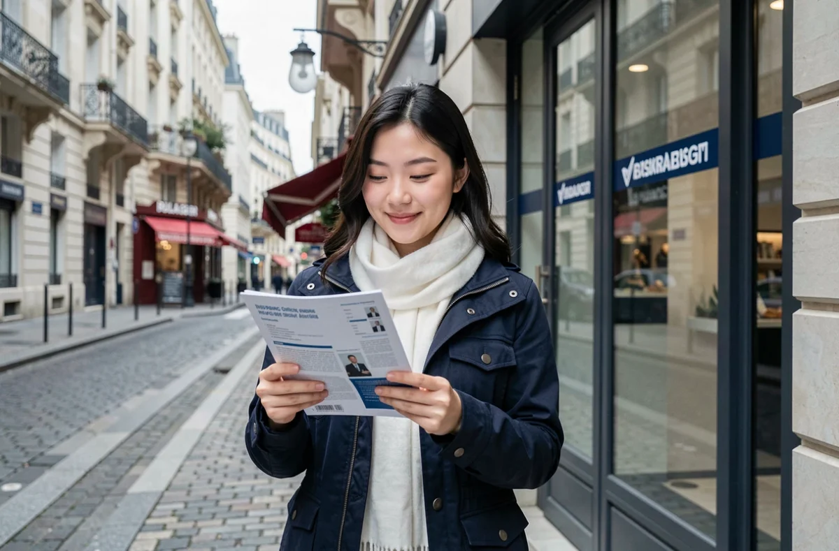 Une femme étrangère consultant une brochure d'assurance voyage devant une agence en France