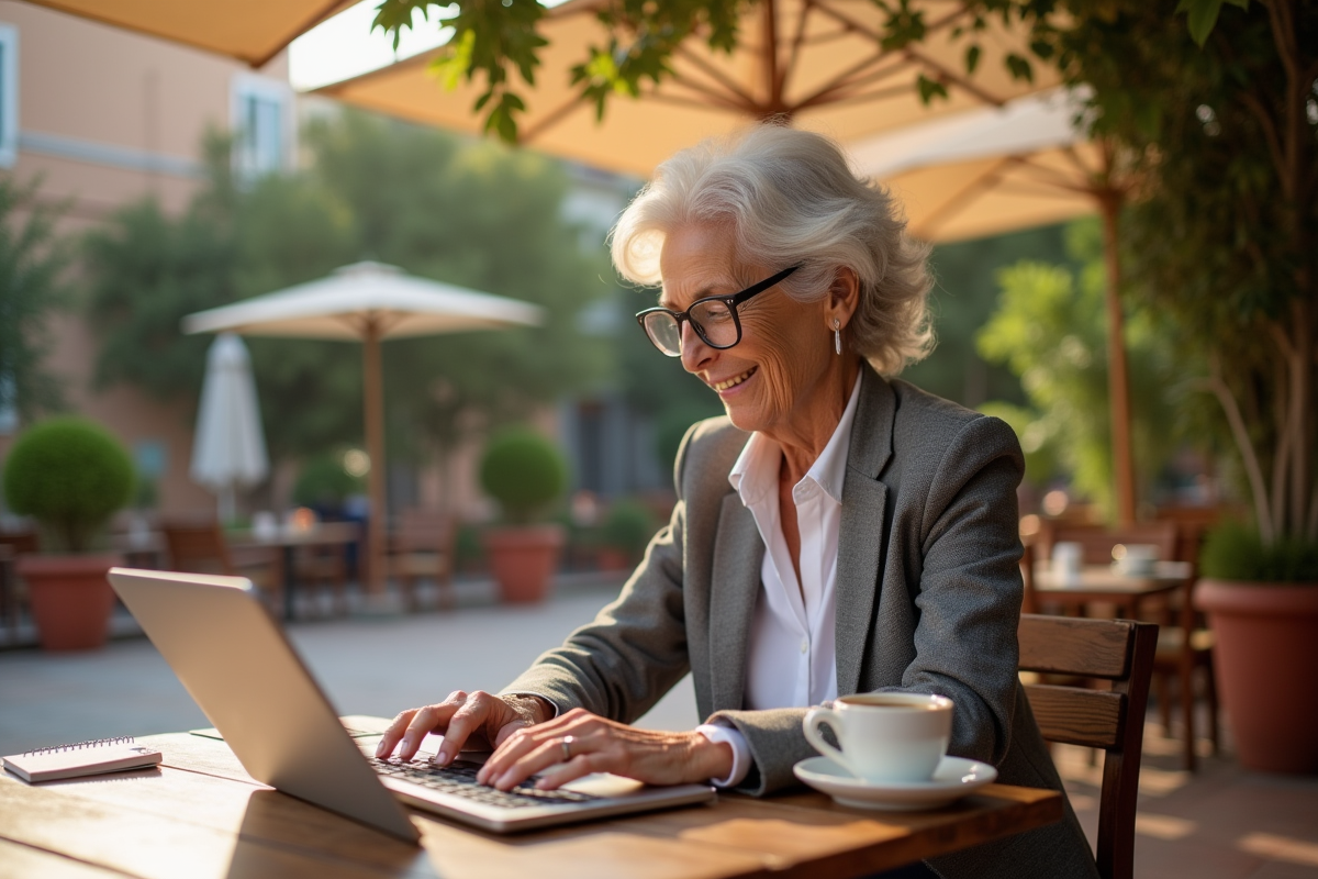 Femme expatriée française travaillant sur son ordinateur