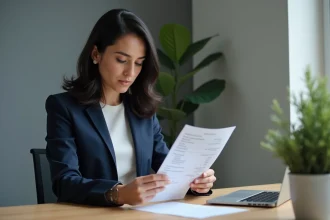 Femme consultant sa fiche de paie à son bureau pour comprendre la conversion de 2200 euros brut en net