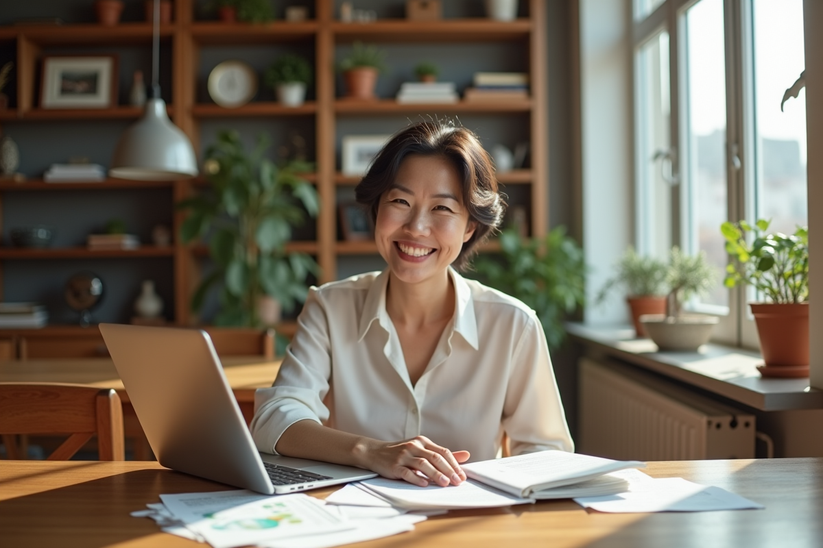 Femme asiatique souriante à son bureau à domicile