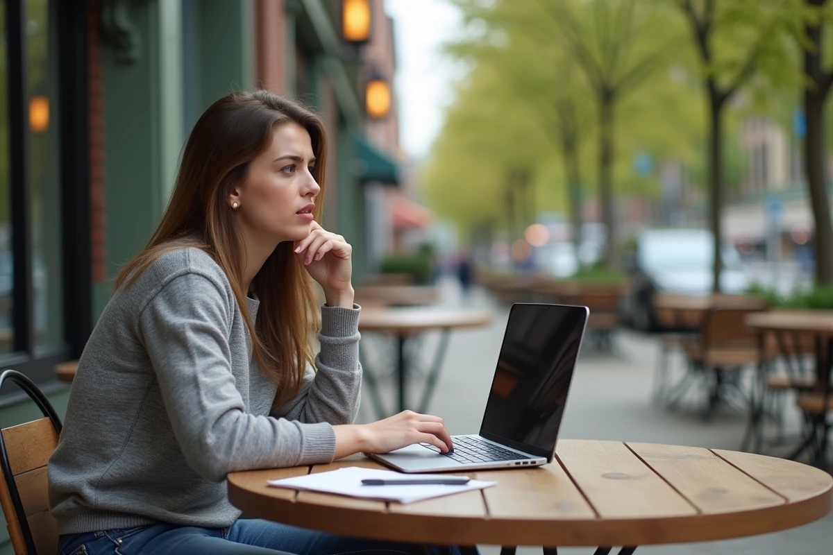 Jeune femme analysant des données financières en extérieur