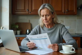 Femme inquiète examinant un relevé bancaire avec un prélèvement incompris de 108 euros à la table de sa cuisine