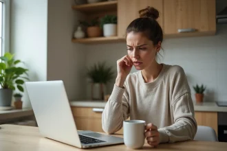 Femme préoccupée vérifiant ses paiements en ligne à la maison