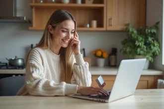 Jeune femme souriante avec carte bancaire à la maison