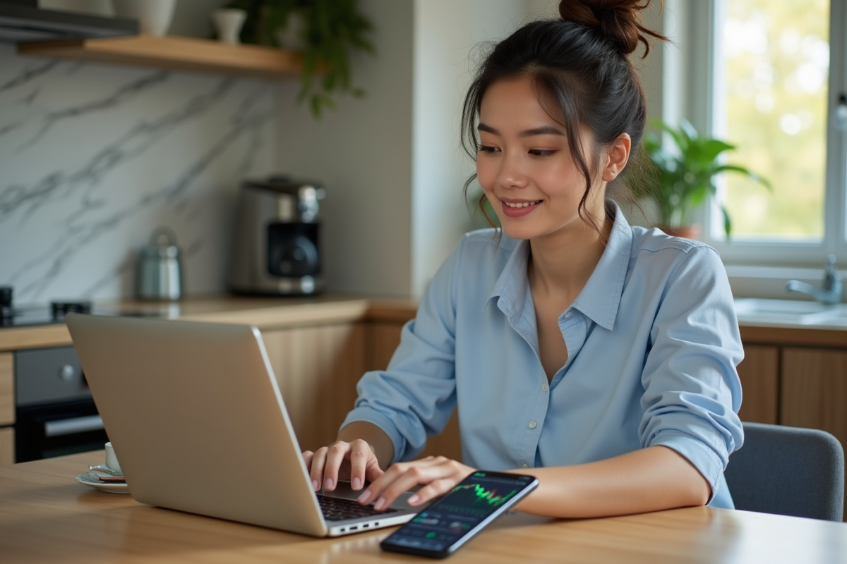 Jeune femme en cuisine avec ordinateur et crypto