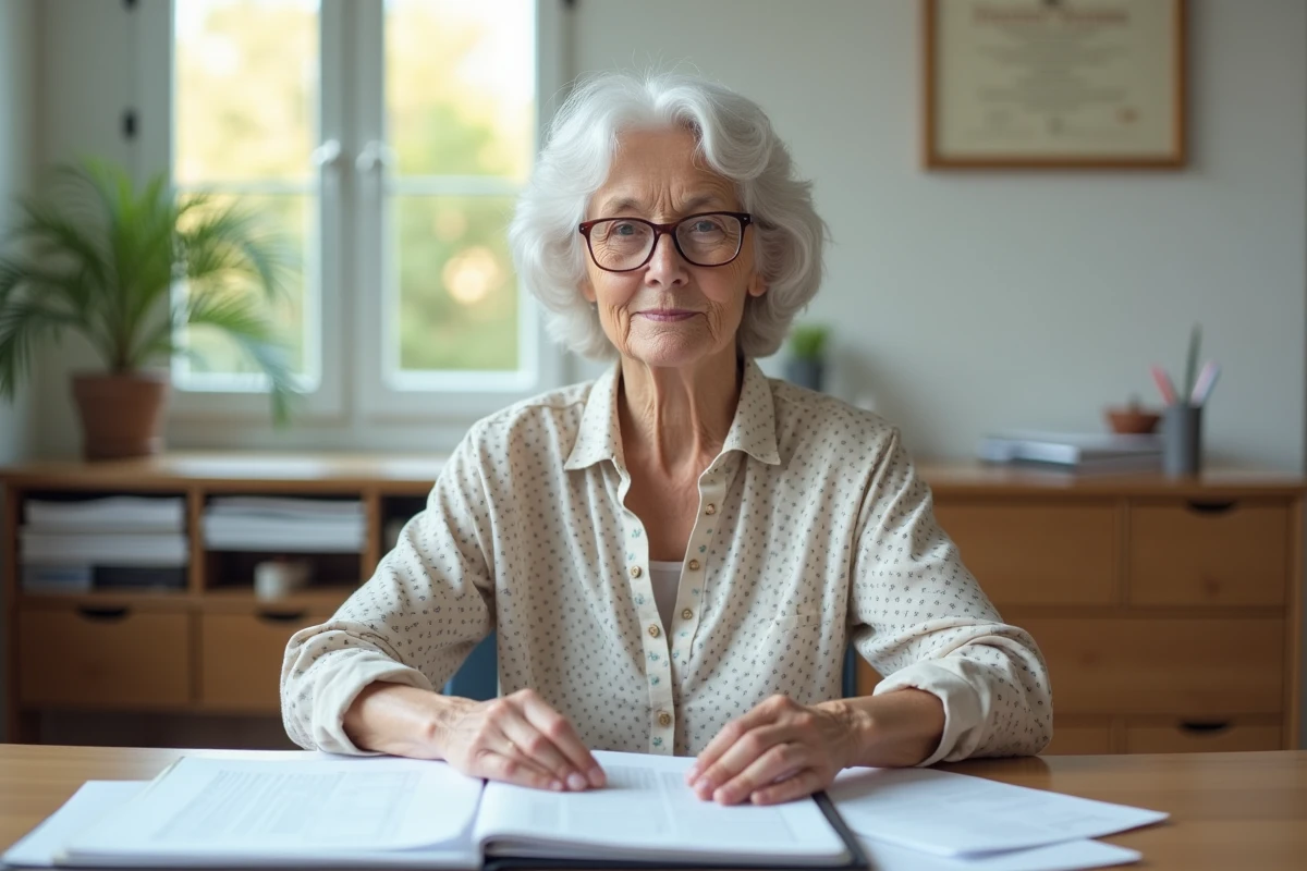 Femme âgée organisant ses finances dans un bureau