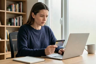 Femme consultant son compte bancaire en ligne sur un ordinateur portable pour éviter les erreurs de paiement