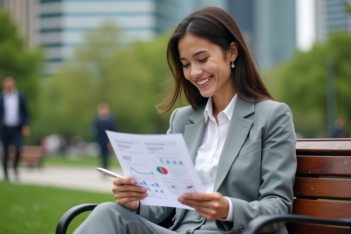 Femme souriante lisant des graphiques ETF dans un parc urbain